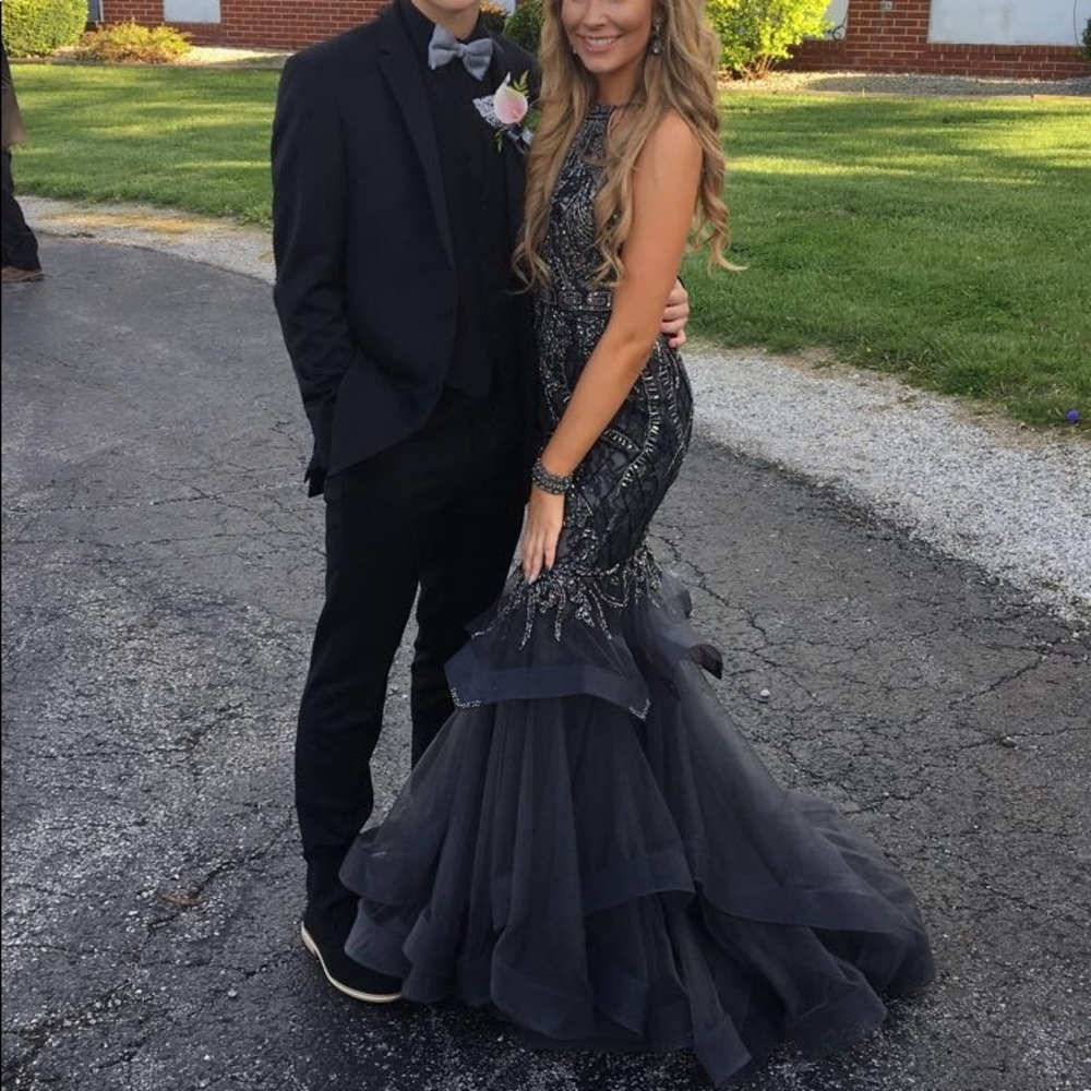 Jovani gun metal/iridescent mermaid prom dress